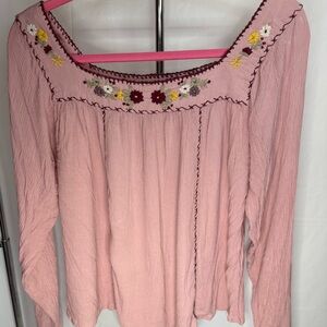 Peasant top in pink with burgundy trim and embroidered flowers